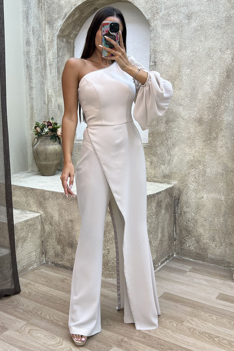 One Shoulder Single Lantern Sleeve Irregular Trim Flared Leg Jumpsuit-Black-Hayhty.All Rights Reserved.