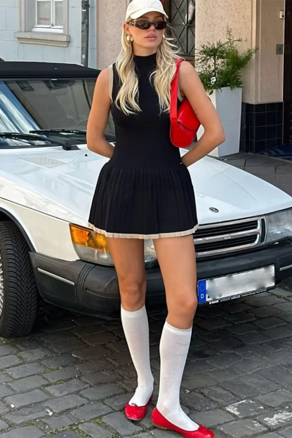 Stand Collar Colorblock Trim Pleated Hem Knit Mini Tank Dresses-White-Hayhty.All Rights Reserved.