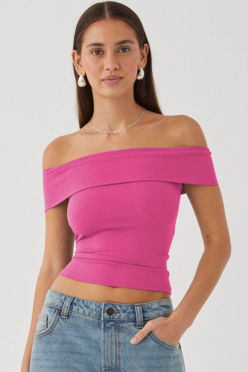 Boat Neck Dropped Shoulder Solid Color Slim Fit Crop Top-White-Hayhty.All Rights Reserved.