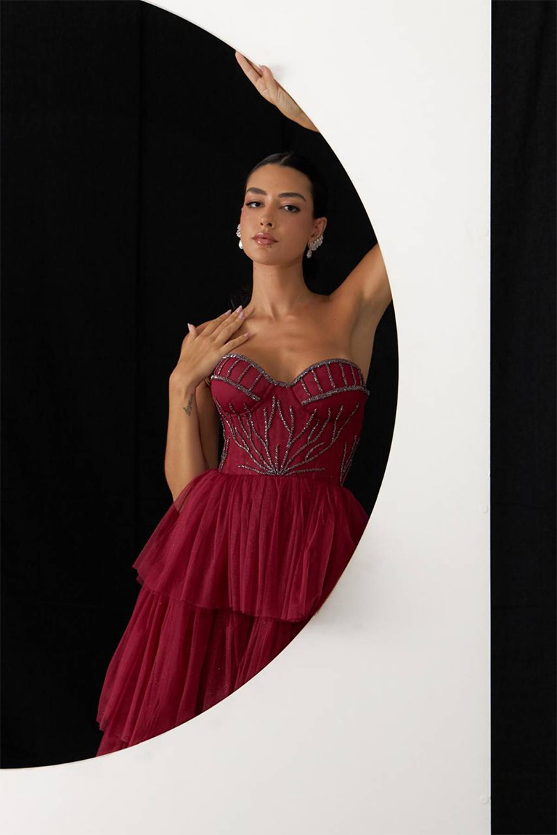 Embroidery Strapless Tiered Hem Tulle Gowns Maxi Dresses-Burgundy-Hayhty.All Rights Reserved.