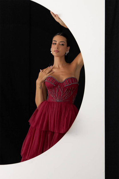 Embroidery Strapless Tiered Hem Tulle Gowns Maxi Dresses-Burgundy-Hayhty.All Rights Reserved.