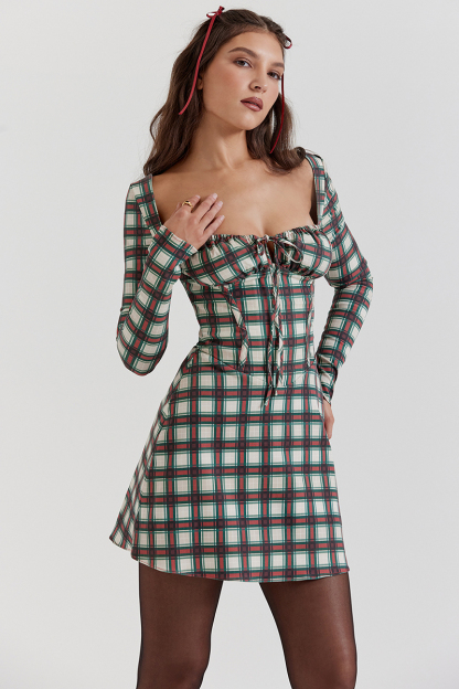 Long Sleeve Square Neck Lace Up Plaid Print Mini Dresses-Red-Hayhty.All Rights Reserved.