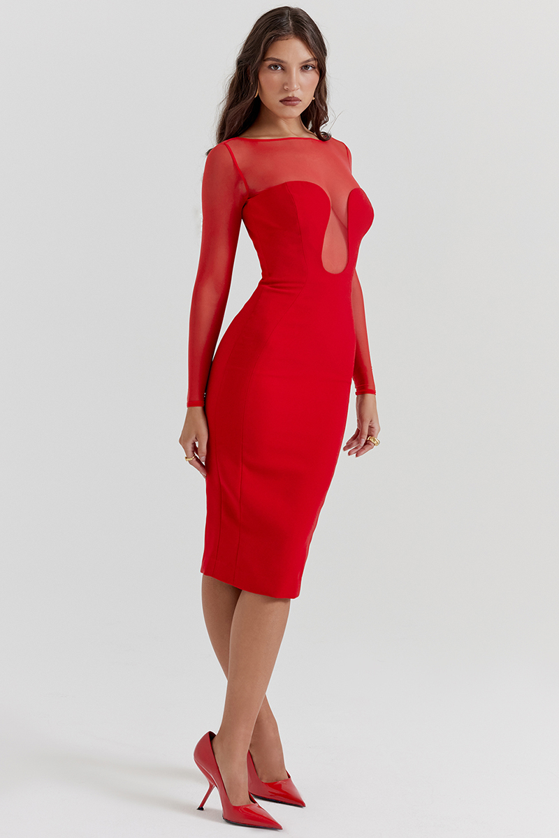 Mesh Patchwork Long Sleeve Irregular Corset Bodycon Midi Dresses-Red-Hayhty.All Rights Reserved.