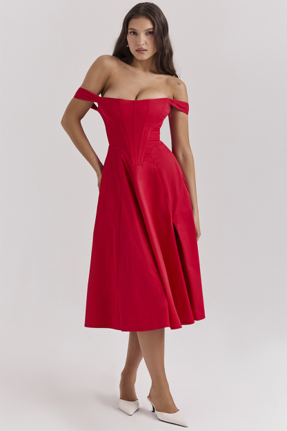 Dropped Shoulder Corset A-Line Slit Solid Color Midi Dresses-Red-Hayhty.All Rights Reserved.