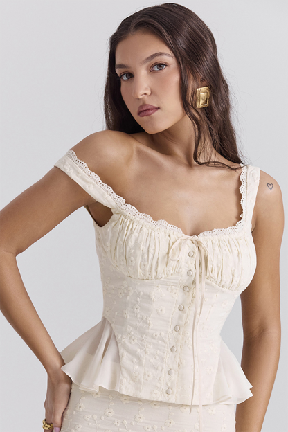 Floral Embroidery Ruffled Top Bodycon Maxi Skirt Matching Set-Ivory-Hayhty.All Rights Reserved.