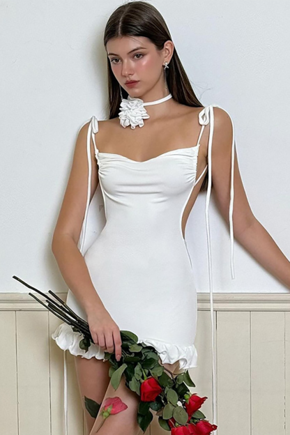 Tie Up Shoulder Straps Slim Fit Backless Ruched Ruffled Mini Dresses-White-Hayhty.All Rights Reserved.