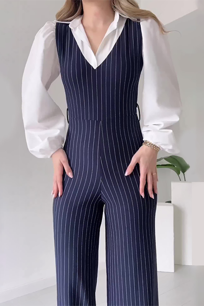 Striped Print Patchwork Lantern Sleeve Wide Leg Jumpsuit-Navy-Hayhty.All Rights Reserved.