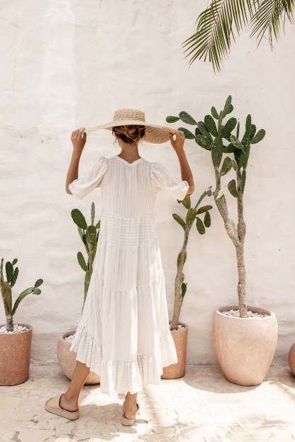 Deep V neck Half Sleeve Maxi Dress - Beige-Hayhty.All Rights Reserved.
