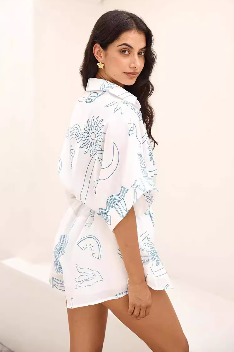 Vacation Doodle Print Half Sleeve Tie Belt Loose Fit Playsuit Romper-White-Hayhty.All Rights Reserved.