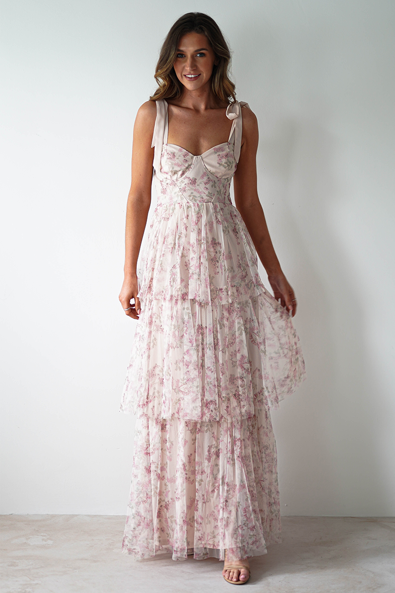 Tie Up Straps Cinch Waist Floral Print Tiered Maxi Dresses-Pink-Hayhty.All Rights Reserved.