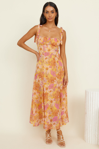 Floral Print Boat Neckline Tie Up Wide Strap A-Line Midi Dresses-Orange-Hayhty.All Rights Reserved.