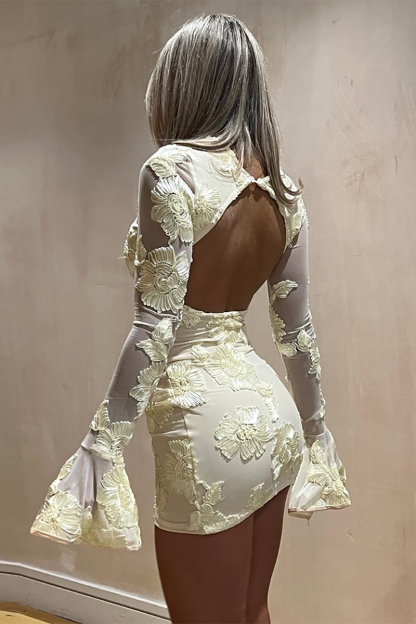 Floral Jacquard Flare Sleeve Backless Slim Fit Mini Dresses-Beige-Hayhty.All Rights Reserved.