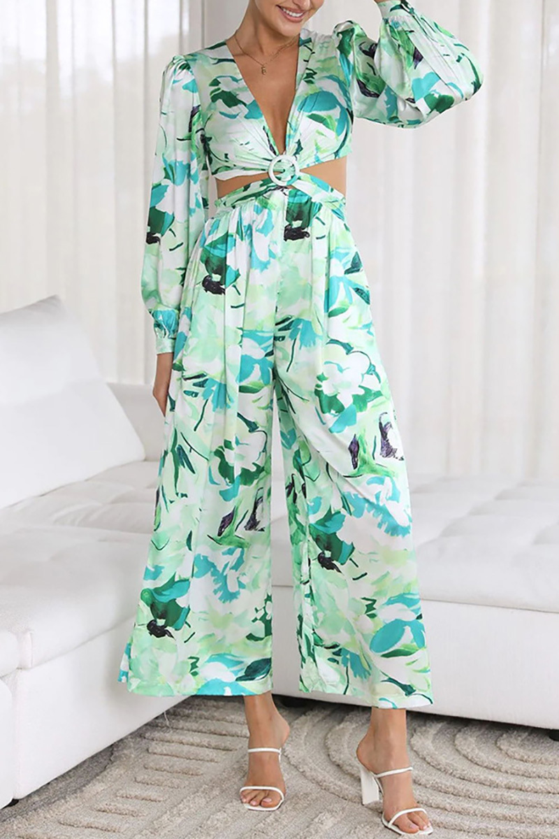 Floral Print Deep V Neck Cutout Flare Long Sleeve Ring Decor Wide Leg Vacation Jumpsuit-Hayhty.All Rights Reserved.