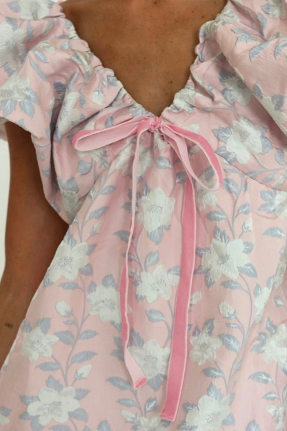 Floral Print V Neck Puffy Sleeve Tie-Up Ribbon A-Line Mini Dresses-Pink-Hayhty.All Rights Reserved.