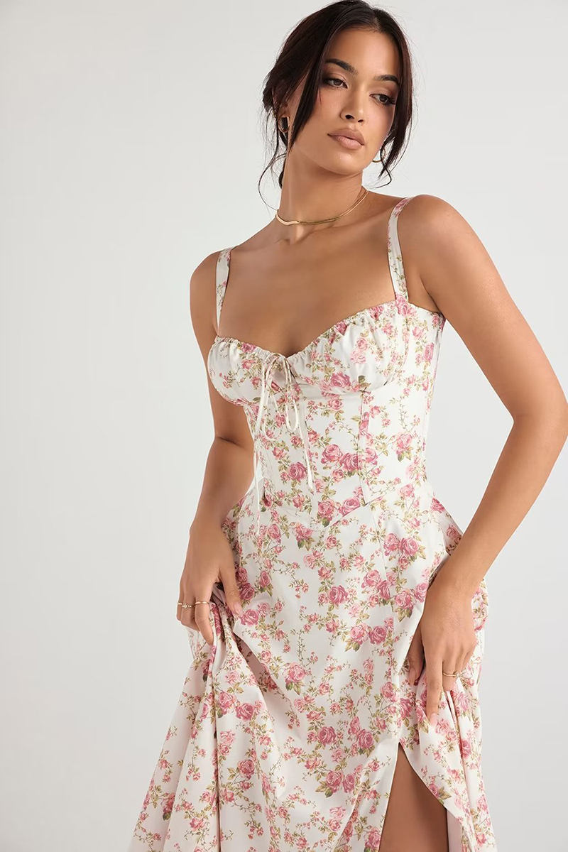 Tied Up Lace Up Floral Print Slit A-Line Vacation Slip Midi Dress-Hayhty.All Rights Reserved.