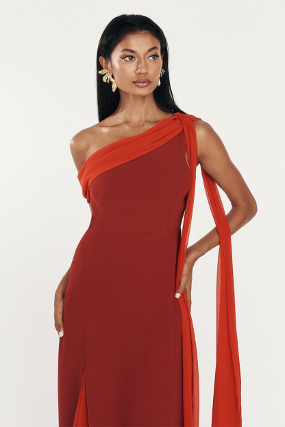 Skew Neck Side Streamer Slim Fit Two-Tone Midi Dresses-Red-Hayhty.All Rights Reserved.