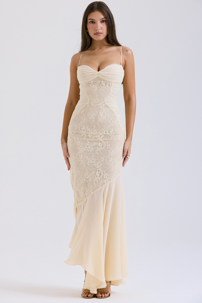 Lace Patchwork Bodycon Fishtail Hem Spaghetti Strap Chiffon Maxi Dresses-Beige-Hayhty.All Rights Reserved.