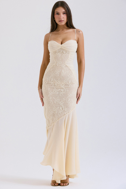 Lace Patchwork Bodycon Fishtail Hem Spaghetti Strap Chiffon Maxi Dresses-Beige-Hayhty.All Rights Reserved.