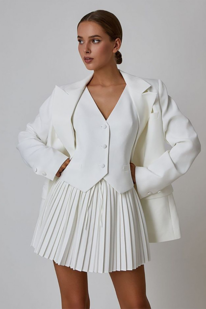 Deep V Neck Cinch Waist Waistcoat Pleated Mini Skirt Matching Set-Blue-Hayhty.All Rights Reserved.