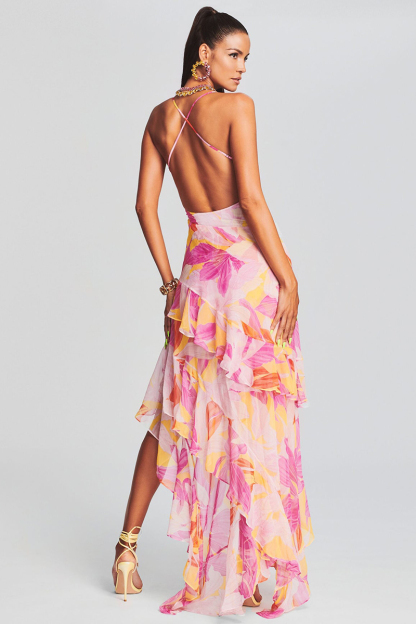 Vacation Cami Boat Neck Floral Print Irregular Ruffle Hem High Slit Tulle Maxi Dresses-Hayhty.All Rights Reserved.
