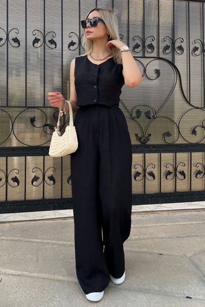 V Neck Button Up Vest Solid Color Pants Matching Set-Green-Hayhty.All Rights Reserved.
