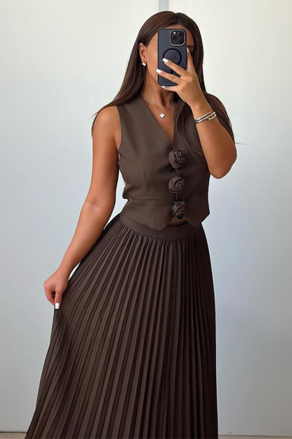 3D Flower Decor V Neck Vest Pleated Maxi Skirt Matching Set-White-Hayhty.All Rights Reserved.