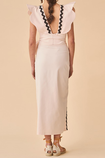 Wavy Trim Flutter Sleeve Tie Up Slim Fit Midi Dresses-Pink-Hayhty.All Rights Reserved.