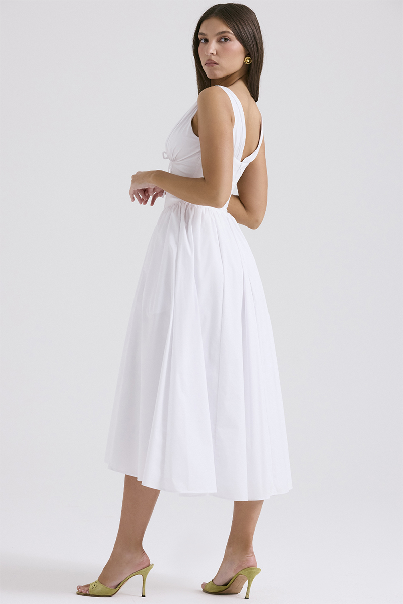 Deep V Neck Cinch Waist Solid Color Midi Tank Dresses-White-Hayhty.All Rights Reserved.