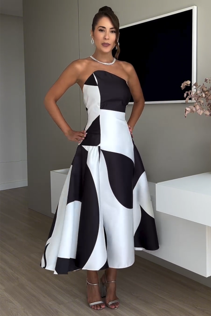Colorblock Strapless A-Line Cocktail Party Midi Dresses-Black-Hayhty.All Rights Reserved.