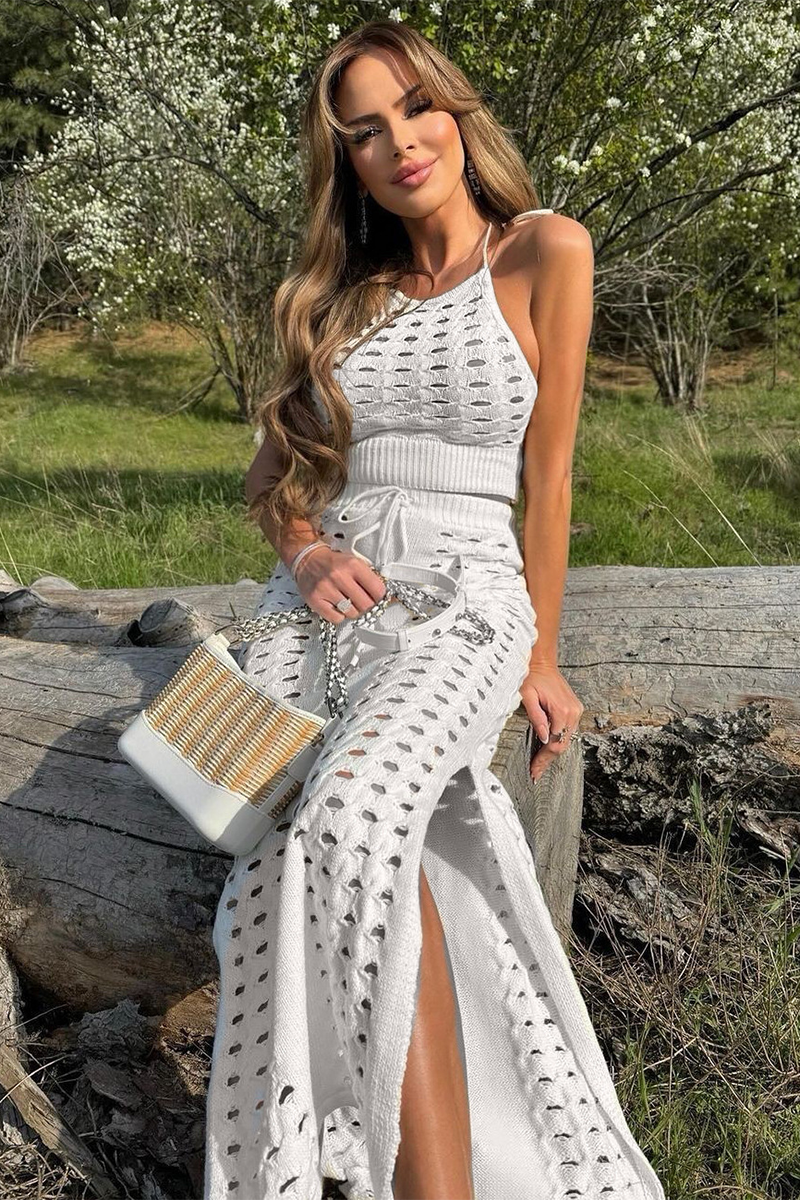 Sleeveless Crop Top Knit Hollow Out Slit Midi Skirt Matching Set-White-Hayhty.All Rights Reserved.