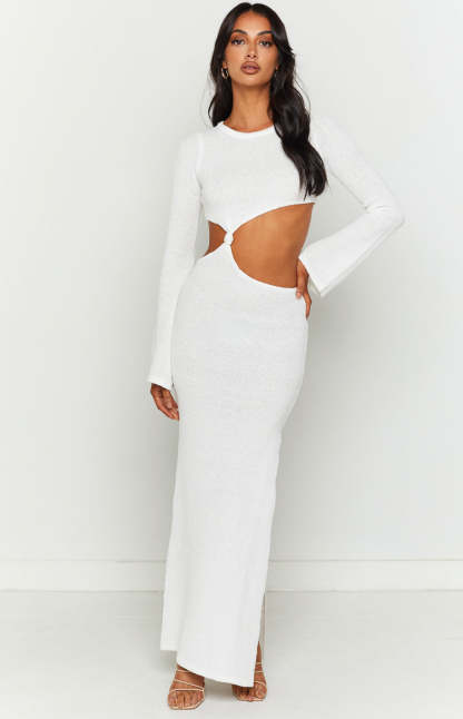 Knitted Cutout Long Sleeve Slit Maxi Dresses-Hayhty.All Rights Reserved.
