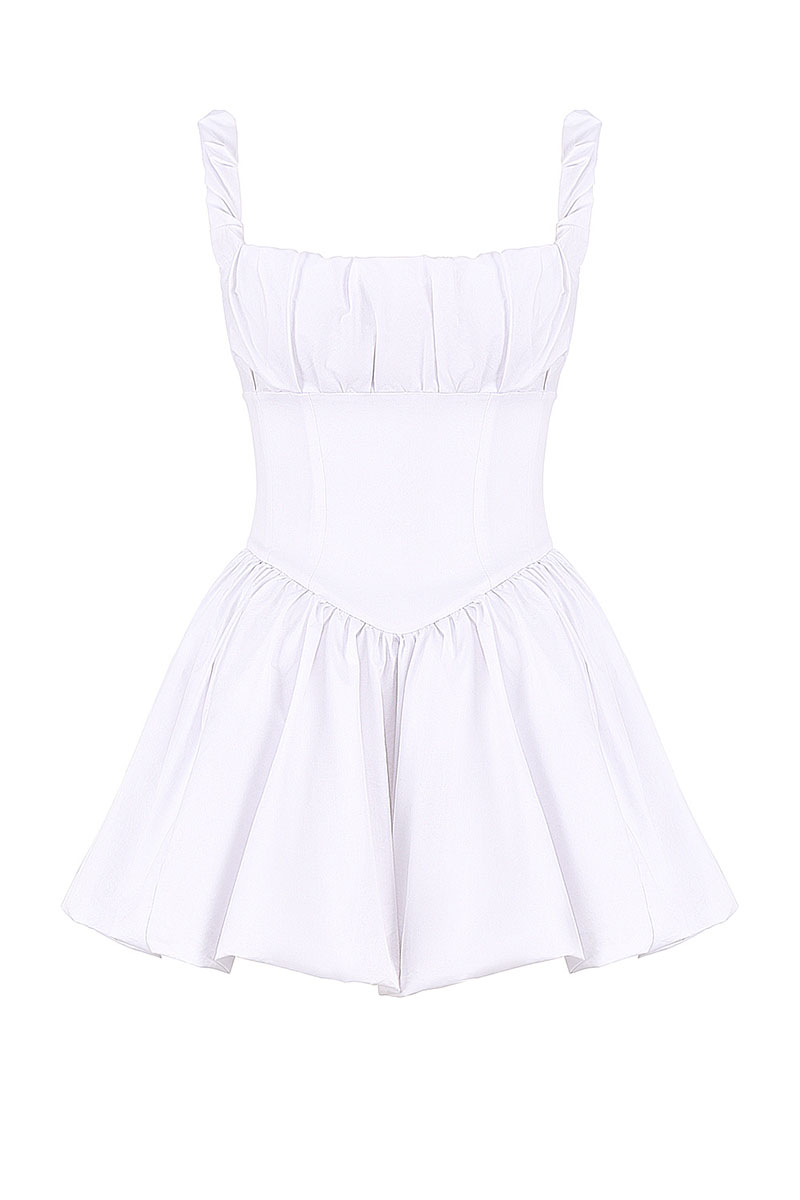 Square Neck Ruched Cinch Waist Bubble Hem Mini Dresses-White-Hayhty.All Rights Reserved.