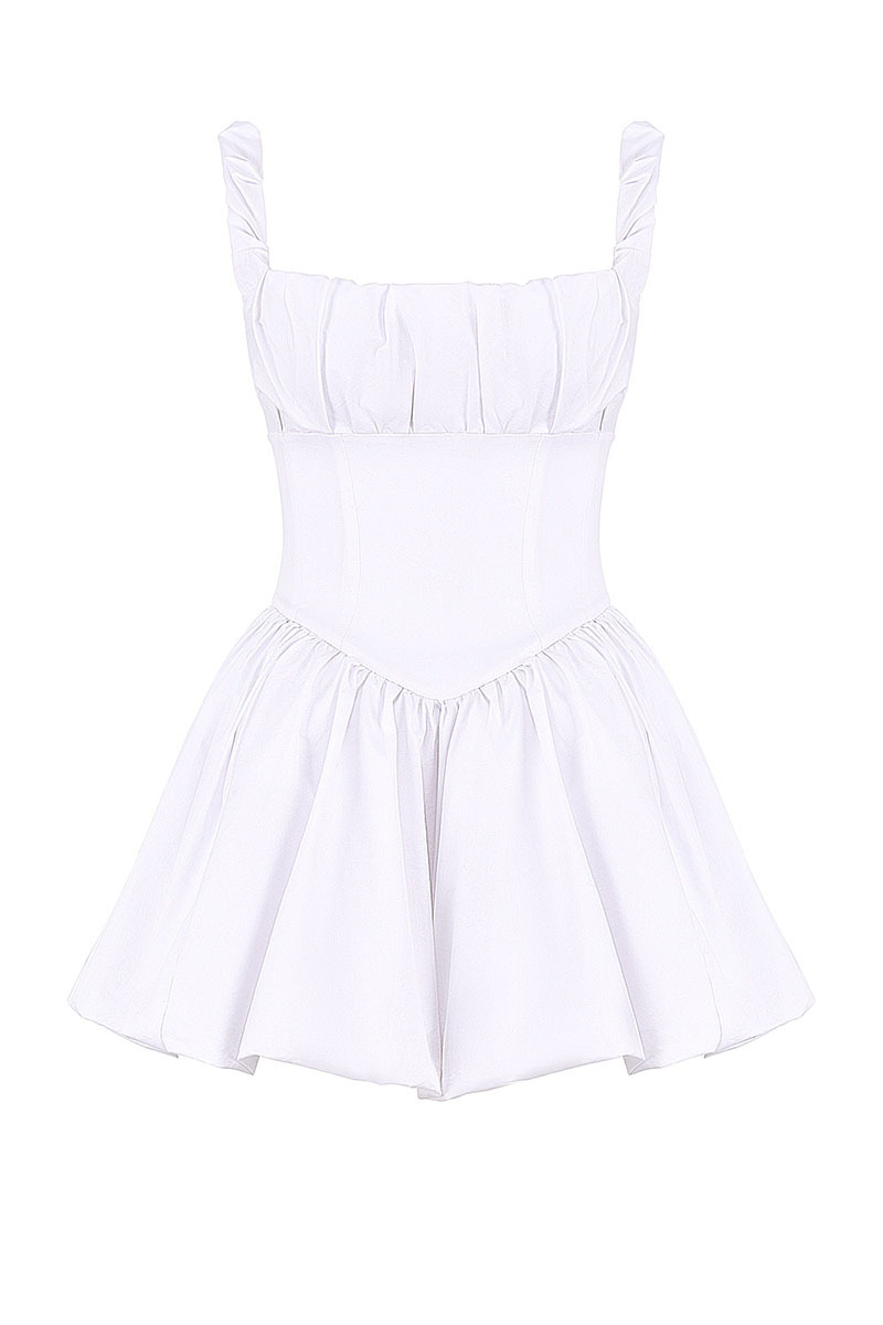 Square Neck Ruched Cinch Waist Bubble Hem Mini Dresses-White-Hayhty.All Rights Reserved.