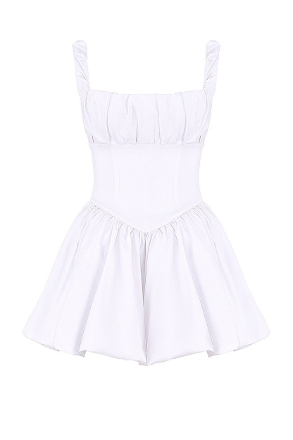 Square Neck Ruched Cinch Waist Bubble Hem Mini Dresses-White-Hayhty.All Rights Reserved.