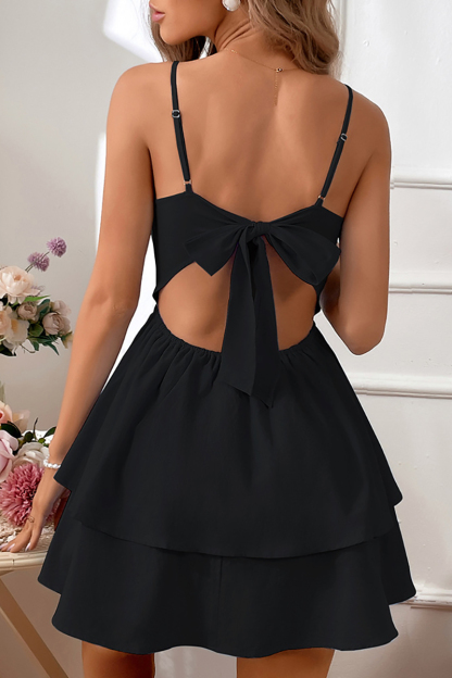 Cami Boat Neck Backless Cutout Bow Knotted Tiered Ruffle White Mini Dresses-Hayhty.All Rights Reserved.