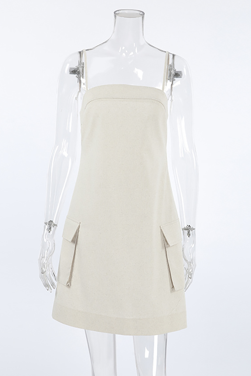 Boat Neckline Pocket Solid Color Casual Slip Mini Dresses-Khaki-Hayhty.All Rights Reserved.