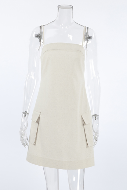 Boat Neckline Pocket Solid Color Casual Slip Mini Dresses-Khaki-Hayhty.All Rights Reserved.