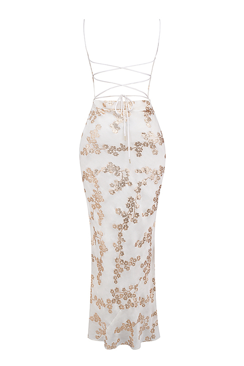 Shimmering Floral Pattern Lace Up Backless Fishtail Hem Slip Maxi Dresses-White-Hayhty.All Rights Reserved.