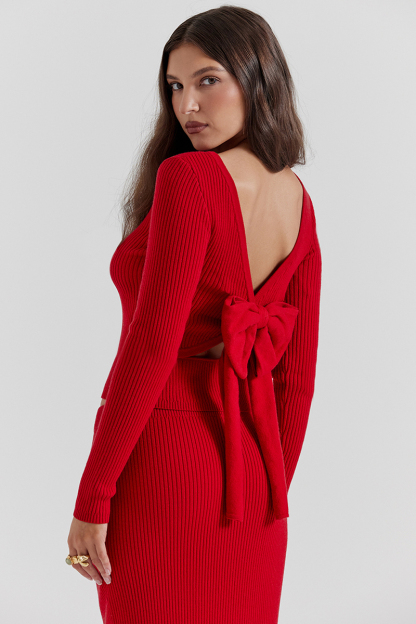 Pit Knit Long Sleeve Ribbon Back Crop Top Solid Midi Skirt Matching Set-Red-Hayhty.All Rights Reserved.