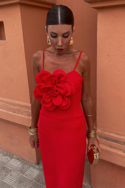 3D Flower Decor Solid Color Gowns Slip Maxi Dresses-Red-Hayhty.All Rights Reserved.