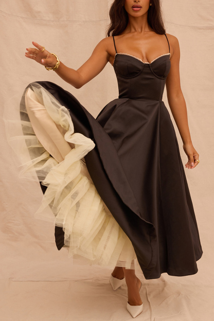 Elegant Cinch Waist Party Bridesmaid Tulle Layered Midi Slip Dresses-Pink-Hayhty.All Rights Reserved.