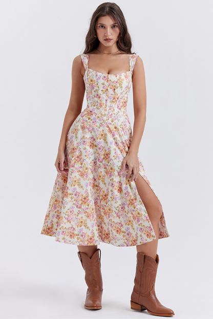 Floral Print Wide Strap Corset A-Line Slit Midi Dresses-White-Hayhty.All Rights Reserved.