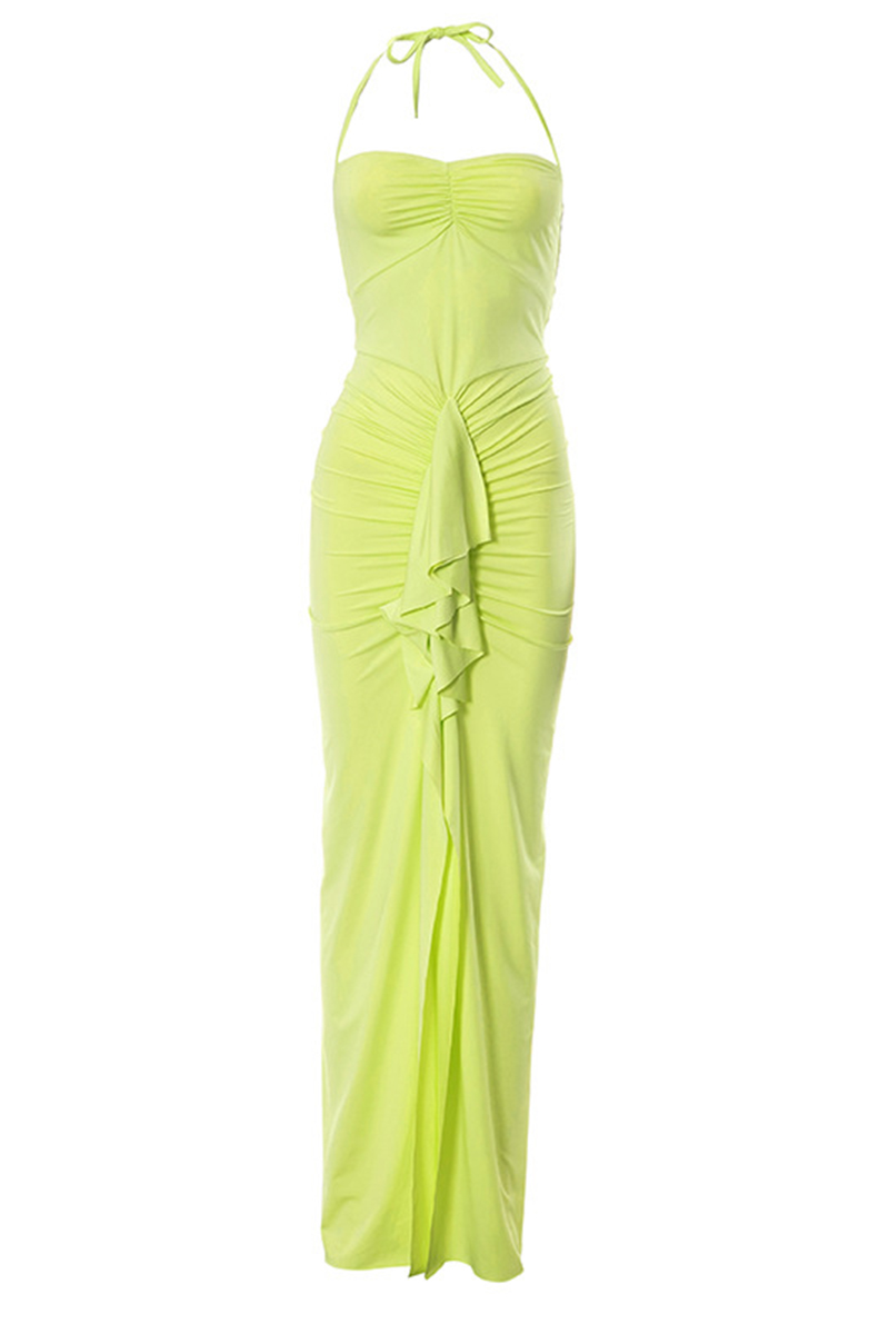 Ruched Ruffle Halter Slit Bodycon Evening Maxi Dresses-Hayhty.All Rights Reserved.