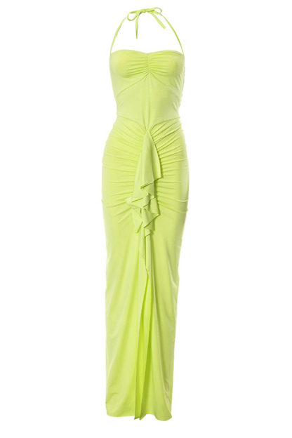Ruched Ruffle Halter Slit Bodycon Evening Maxi Dresses-Hayhty.All Rights Reserved.