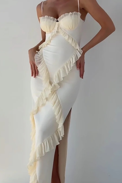 Ruffled Patchwork Spaghetti Strap Bodycon Maxi Dresses-Beige-Hayhty.All Rights Reserved.