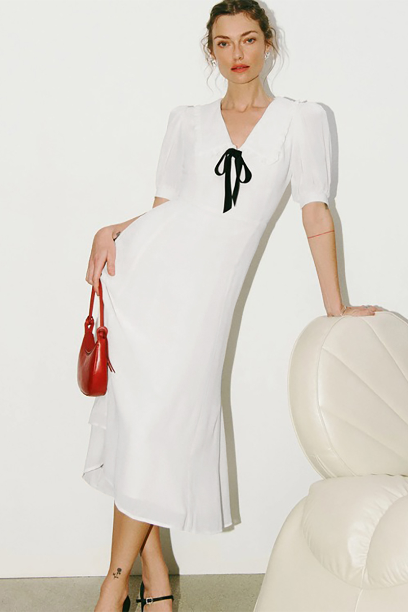 Doll Collar Front Tie Up Puff Sleeve A-Line Midi Dresses-White-Hayhty.All Rights Reserved.