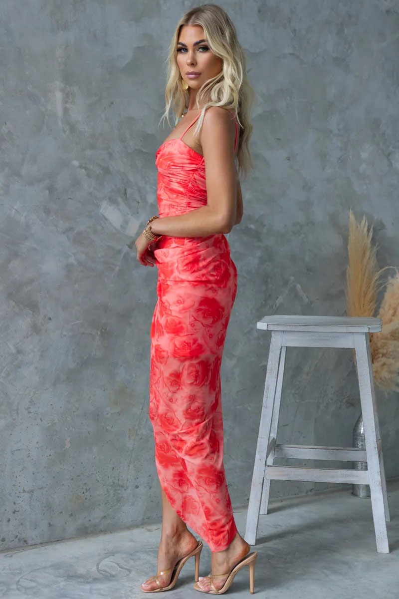 Twisted Wrinkle Slit Floral Print Vacation Slim-Fit Maxi Slip Dresses-Red-Hayhty.All Rights Reserved.