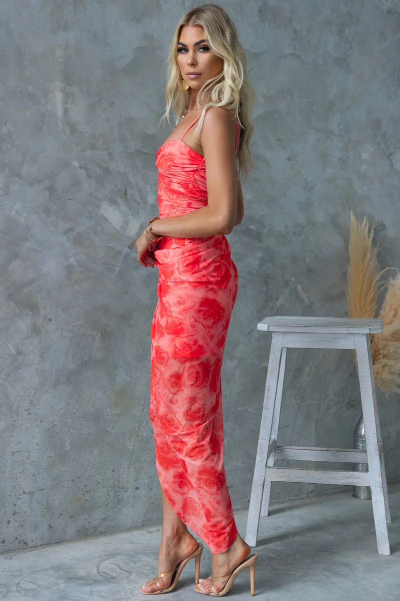 Twisted Wrinkle Slit Floral Print Vacation Slim-Fit Maxi Slip Dresses-Red-Hayhty.All Rights Reserved.