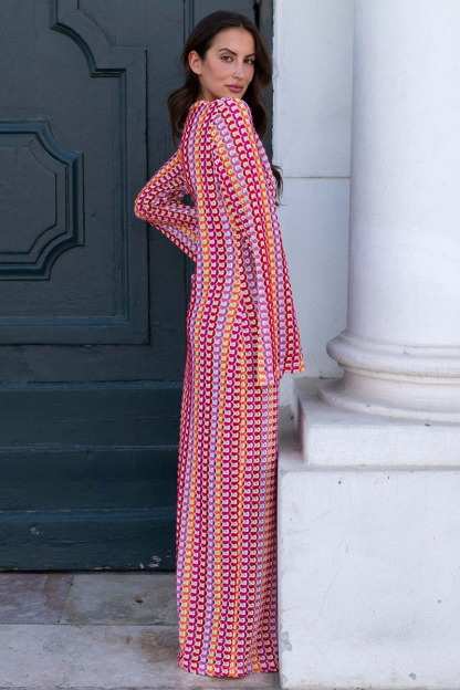 Crochet Abstract Striped Pattern Deep V Neck Flare Sleeve Slit Maxi Dresses-Green-Hayhty.All Rights Reserved.