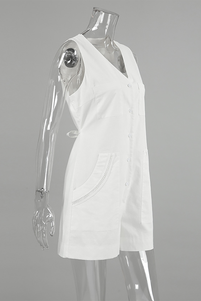 Solid Color Sleeveless V Neck Button Up Pocket Casual Playsuit Romper-White-Hayhty.All Rights Reserved.